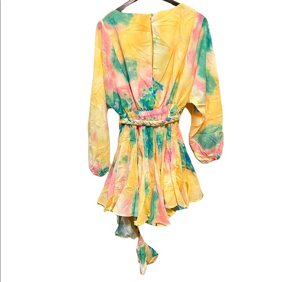 L’Atiste After Glow Tie Dye Rainbow Faux Wrap Belted Flare Skater Mini Dress - Picture 9 of 10